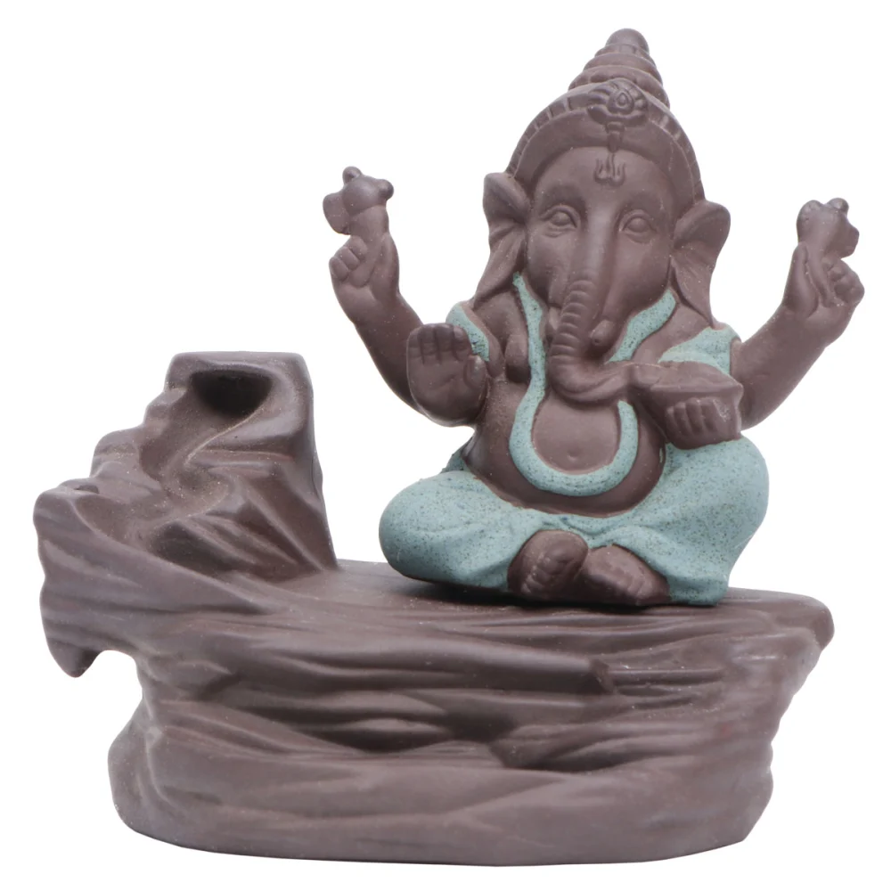 Stylish Ceramic Ganesha Buddha Backflow Incense Burner Handmade Figurine Elephant God Statue Waterfall Home Incense Holder Green