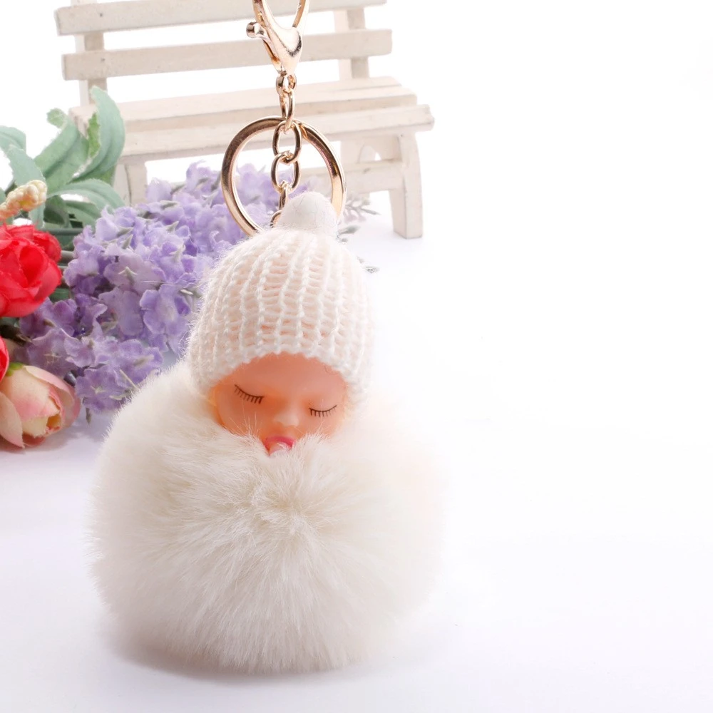 Doll Pom Pom Keychain Cute Fluffy Sleeping Doll Keychain Car Key Chain Pendant