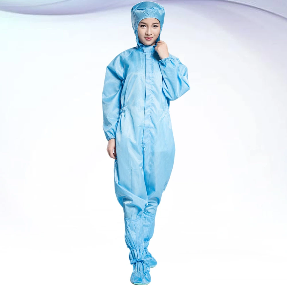 Blue Anti-static Coverall Full Security Protective Clothes Breathable Dust-proof Hooded Coat Labour Tops Costume Suit with Shoes Cover- Size XL