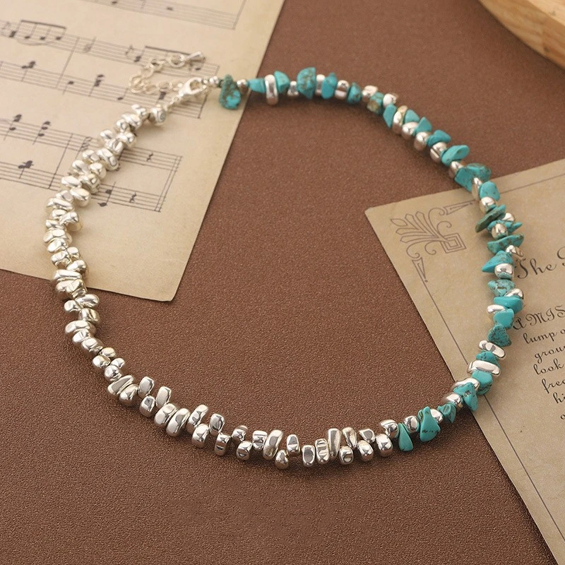 Natural Stone Small Pieces Of Silver Turquoise Handmade Necklace