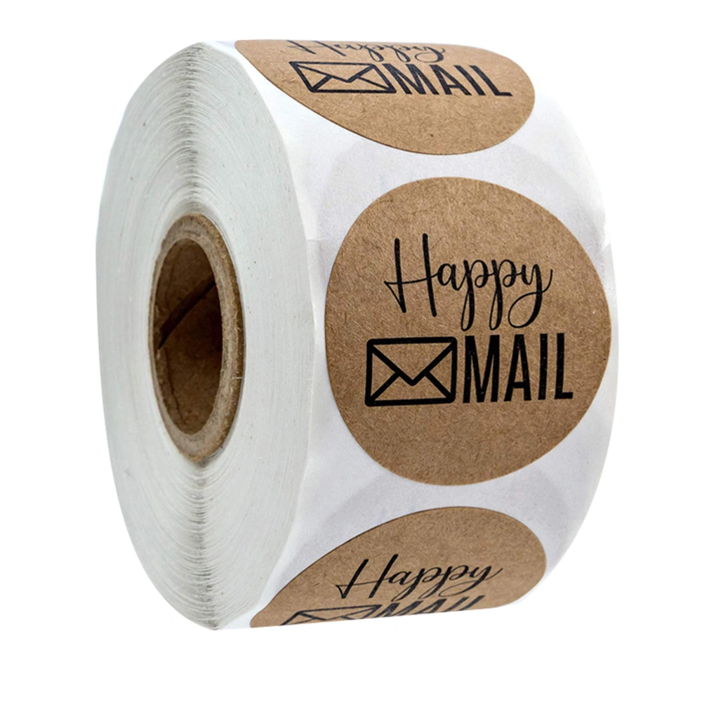 1 Roll of 500PCS Kraft Paper Happy Sticker Round Shape Mail Gift Label Sticker Self-adhesive Gift Wrapping Sticker Creative Happy Mall Letters Printed Sealing Sticker for Home Shop Cafe