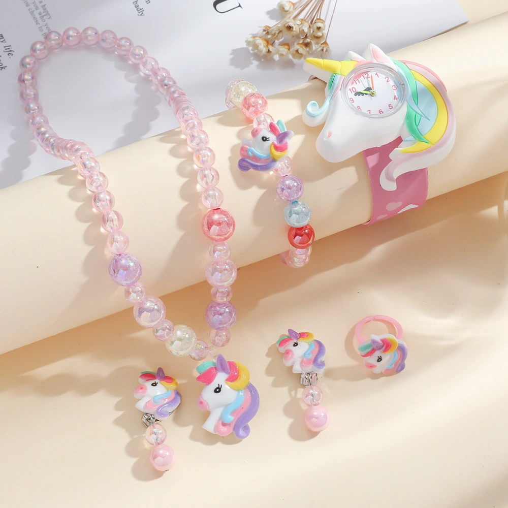 1 Set Unicorn Jewelry Little Girl Bracelet Necklace Earrings Ring Unicorn Slap Watch Lovely Wristwatch