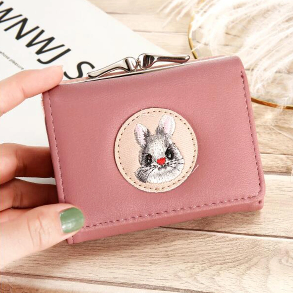 Dark Pink Embroidery Rabbit Purse Short Coin Bag Buckle Small Wallet Girls Fashion Portable Change Purse