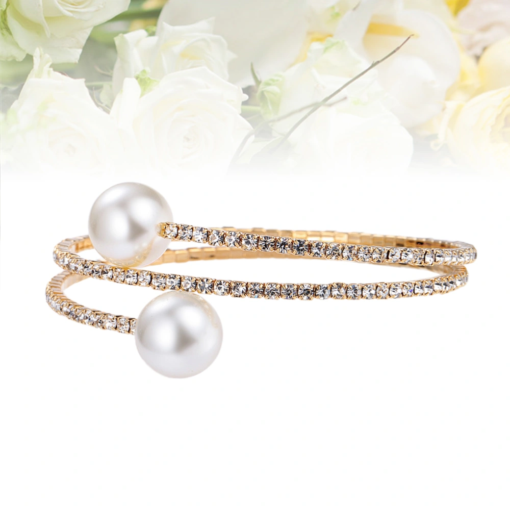 Multiple Rows Rhinestone Pearl Bracelet Diamond Bracelet Zircon Bracelet for Women Bride Girls (Golden)