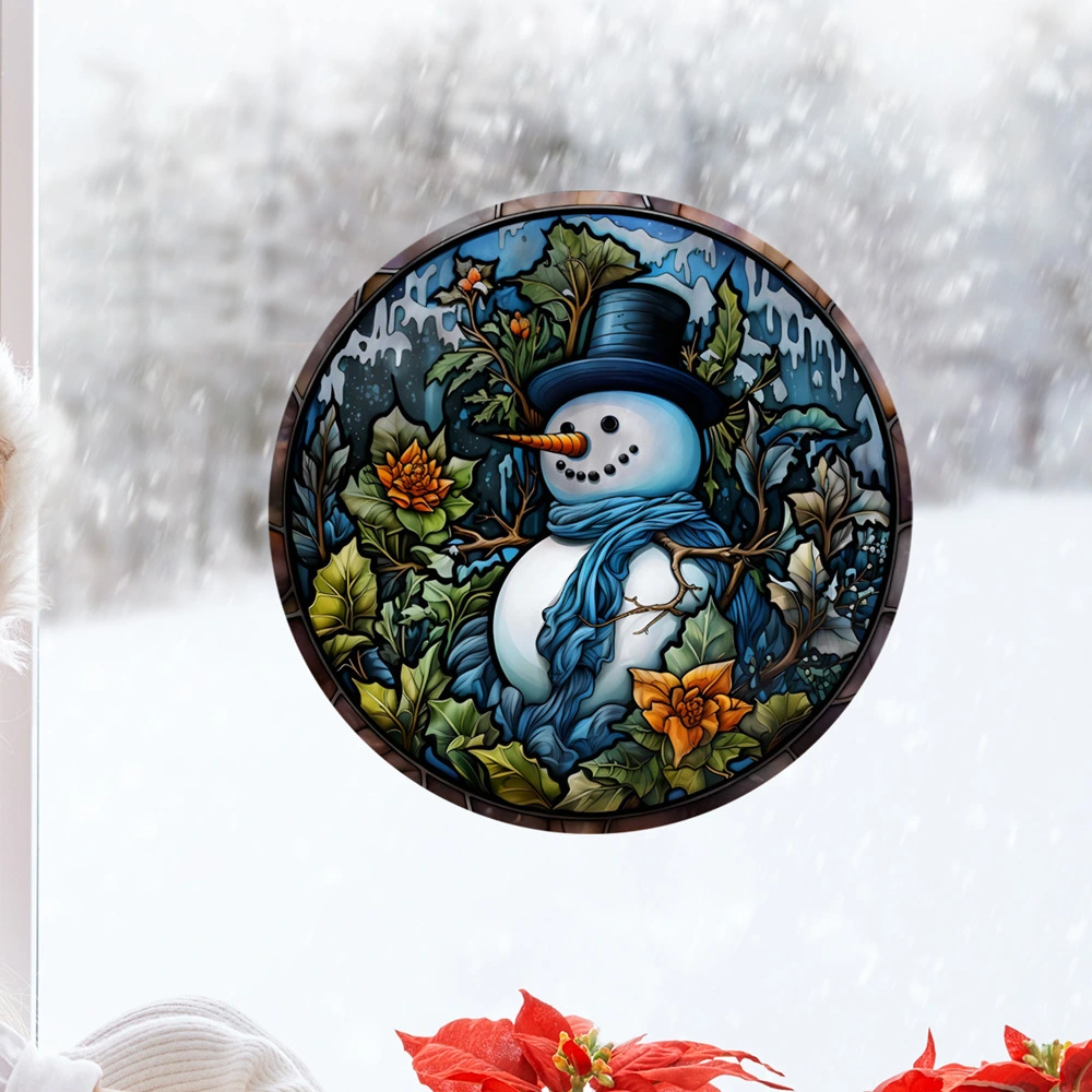 2Pcs Christmas Window Clings Cartoon Snowman Decals Removable Xmas Window Stickers