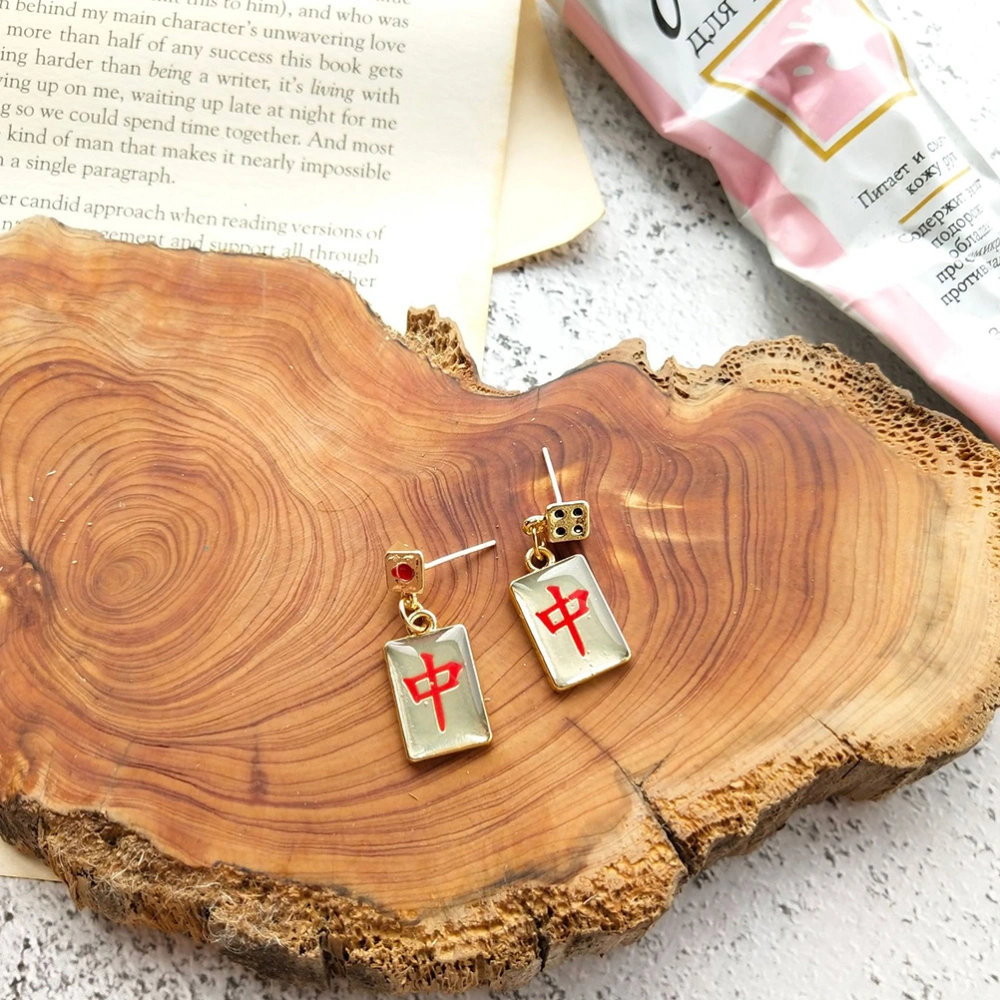 1 Pair Funny Silver Needle Mahjong Earrings Creative Dice Ear Rings Decor