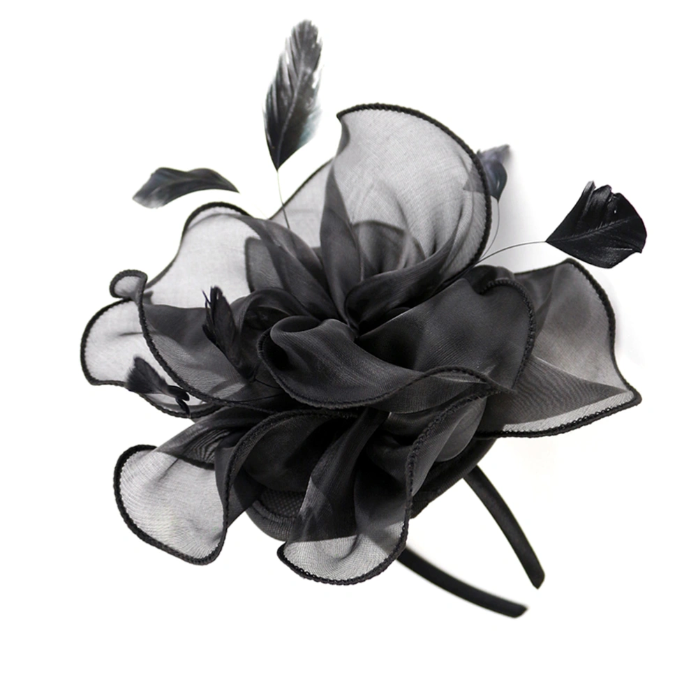 Feathers Head Band Handmade Organza Headband Wedding Hair Accessiores Headdress (Black)