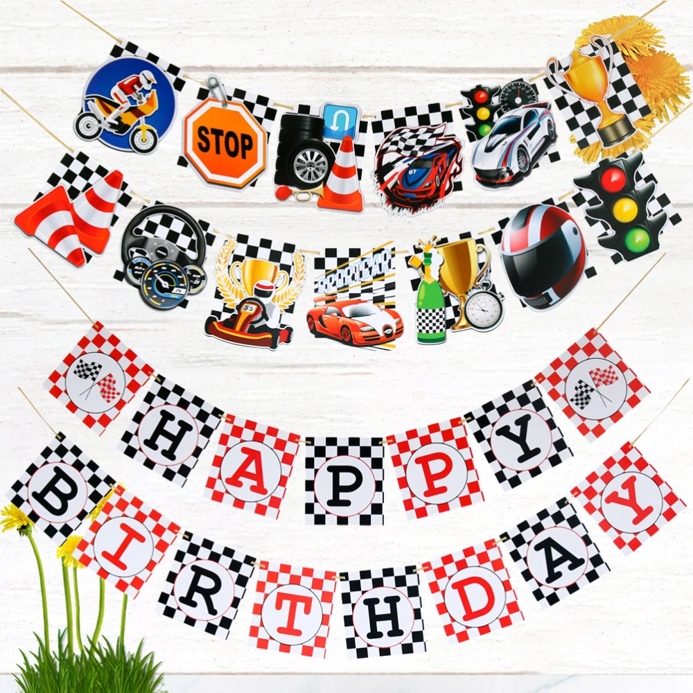 2pcs Racing Themed Banners Creative Children Birthday Pull Flags Creative Motorcycle Racing Party Decorative Banner Racing Car Banner Garland