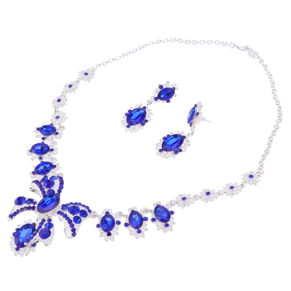 Crystal Pearl Eardrop Necklace Alloy Pendant Jewelry Set for Women Ladies Bride (Blue, 1pc Necklace + 1 Pair Eardrop)