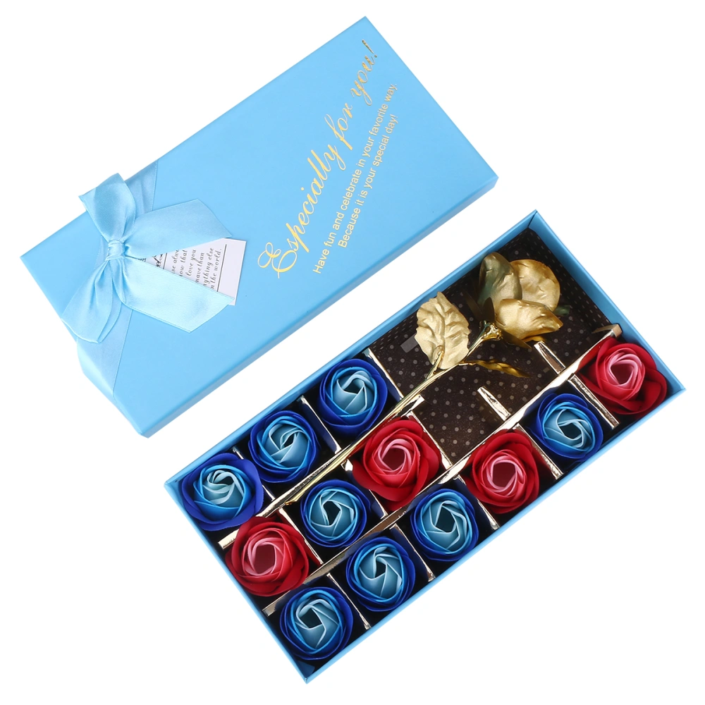 Valentine's Day 12pcs Soap Flower Gold Foil Rose Creative Flower Gifts Box (Blue)