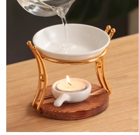 1 set of Essential Oil Warmer Scented Wax Warmer Ceramic Wax Burner With Iron Frame Wood Base