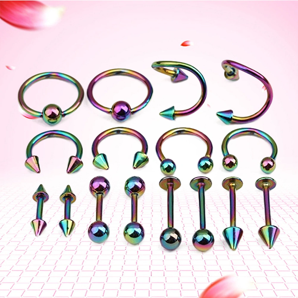 16PCS/Set Piercing Jewellery Surgical Steel Body Spiral Body Spiral Belly Tongue Bar Ring Eyebrow Mixed Piercing Jewelry for Women (Colorful)