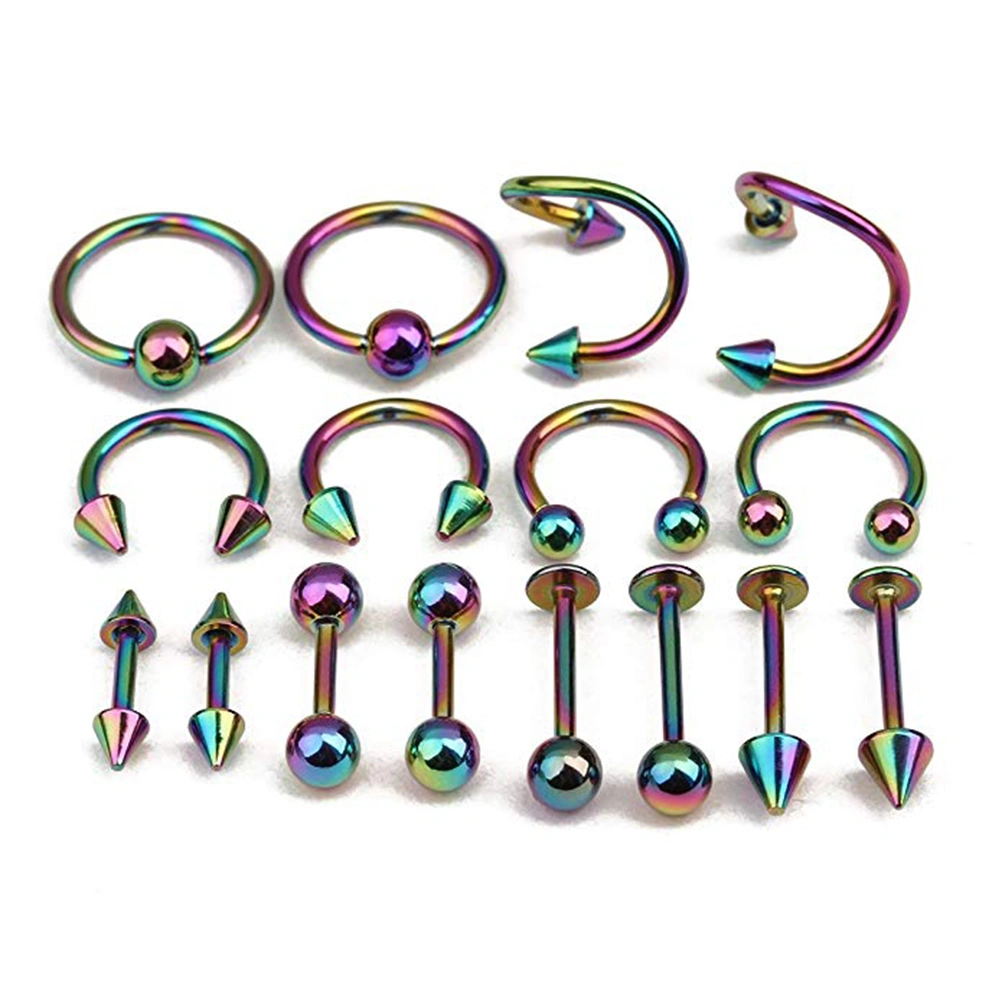 16PCS/Set Piercing Jewellery Surgical Steel Body Spiral Body Spiral Belly Tongue Bar Ring Eyebrow Mixed Piercing Jewelry for Women (Colorful)