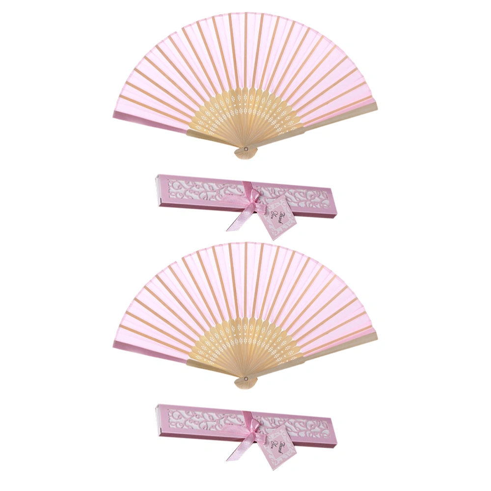 2pcs Classic Folding Fans Delicate Chinese Style Fan Bamboo Framework Fan with Box for Women (Pink)