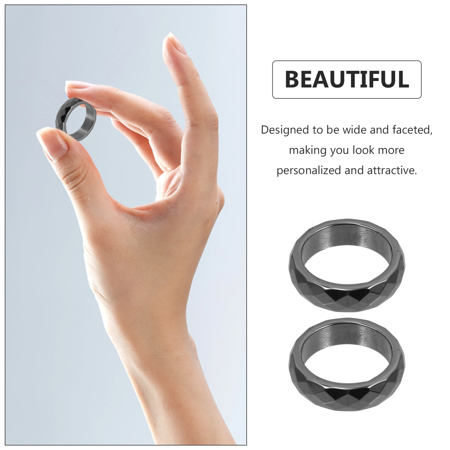 2Pcs Faceted Rings Wide Rings Women Rings Anniversary Birthday Gifts (Dark Grey)