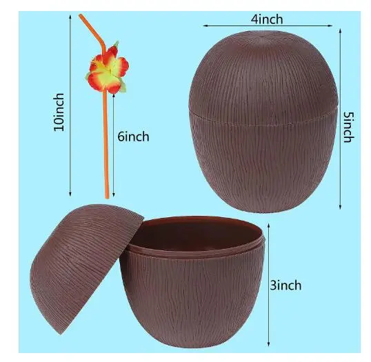 4pcs Coconut Cups With Straws Simulation Coconut Drinking Cups Hawaiian Party Coconut Shaped Cups