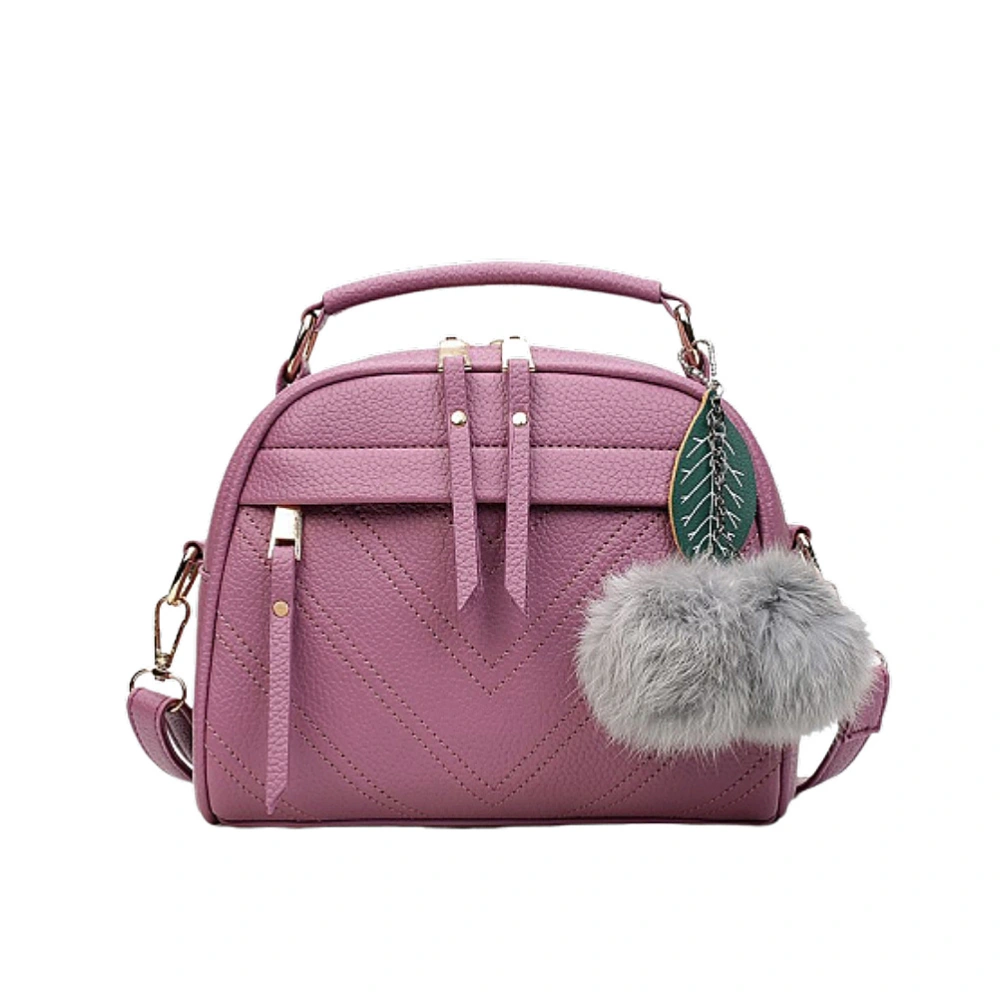 Fashion Handbag with Plush Ball Pendant Shoulder Bag PU Leather Cross Body for Girls Women Purple