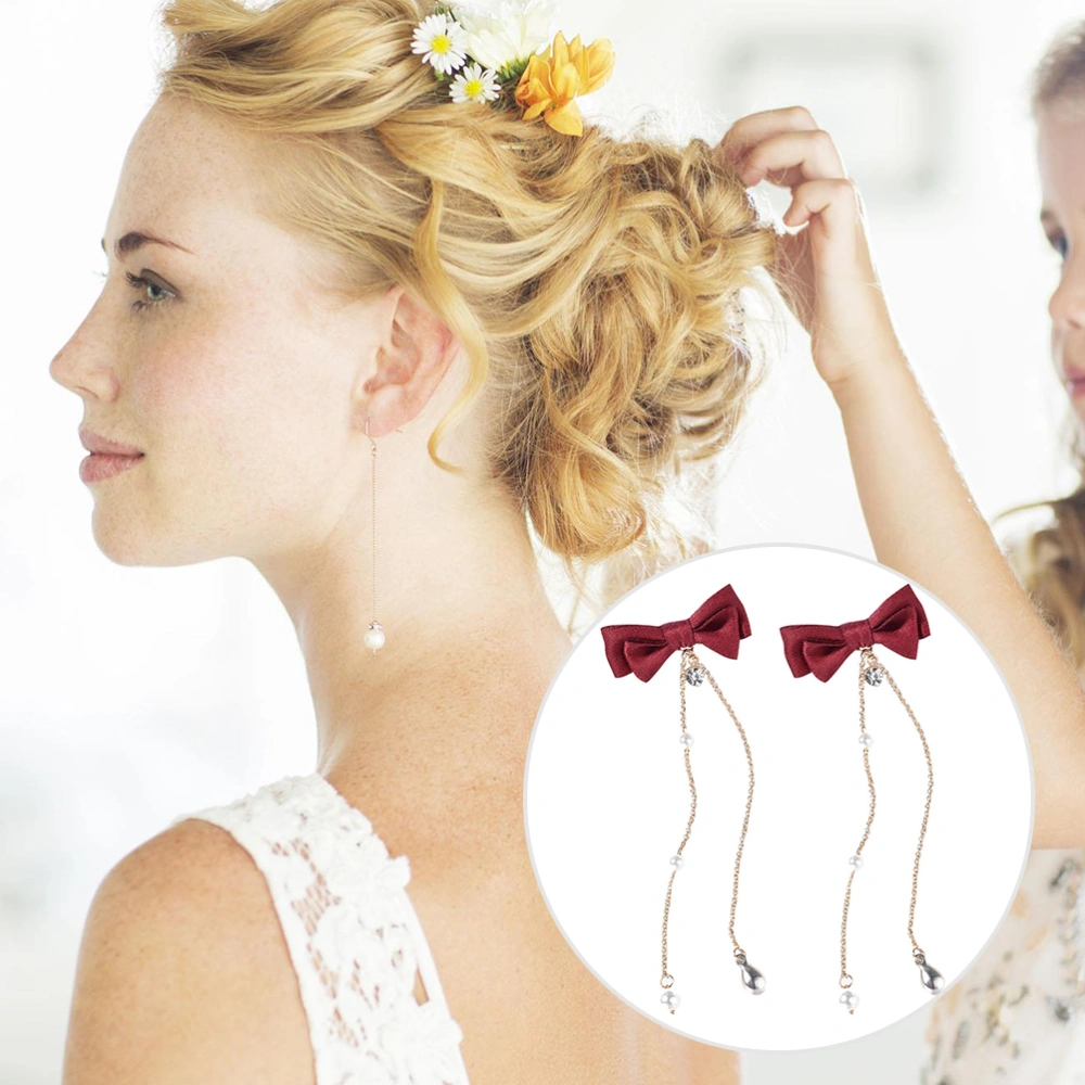 2Pcs Fashion Women Red Bowknot with Tassel Hairpin Hair Jewelry for Girls