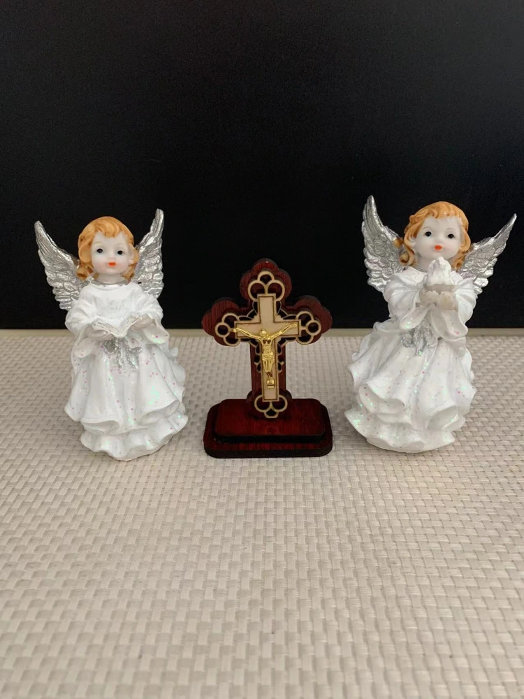 1 Set Angel Resin Statue Figurine Angel Statue Angels Resin Crafts and Wood Cross Decor