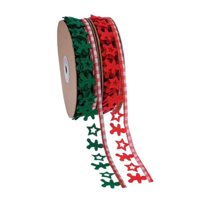 1 Roll of Christmas Ribbon Xmas Gift Wrapping Ribbon Star Gingerbread Man Pattern Wrapping Ribbon