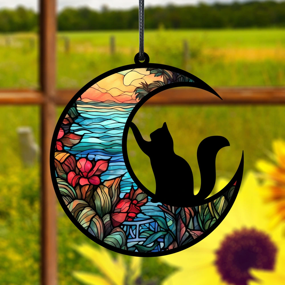 1 Set of Cat And Moon Wall Art Cat Moon Pendant Acrylic Hanging Moon Cat Wall Decoration