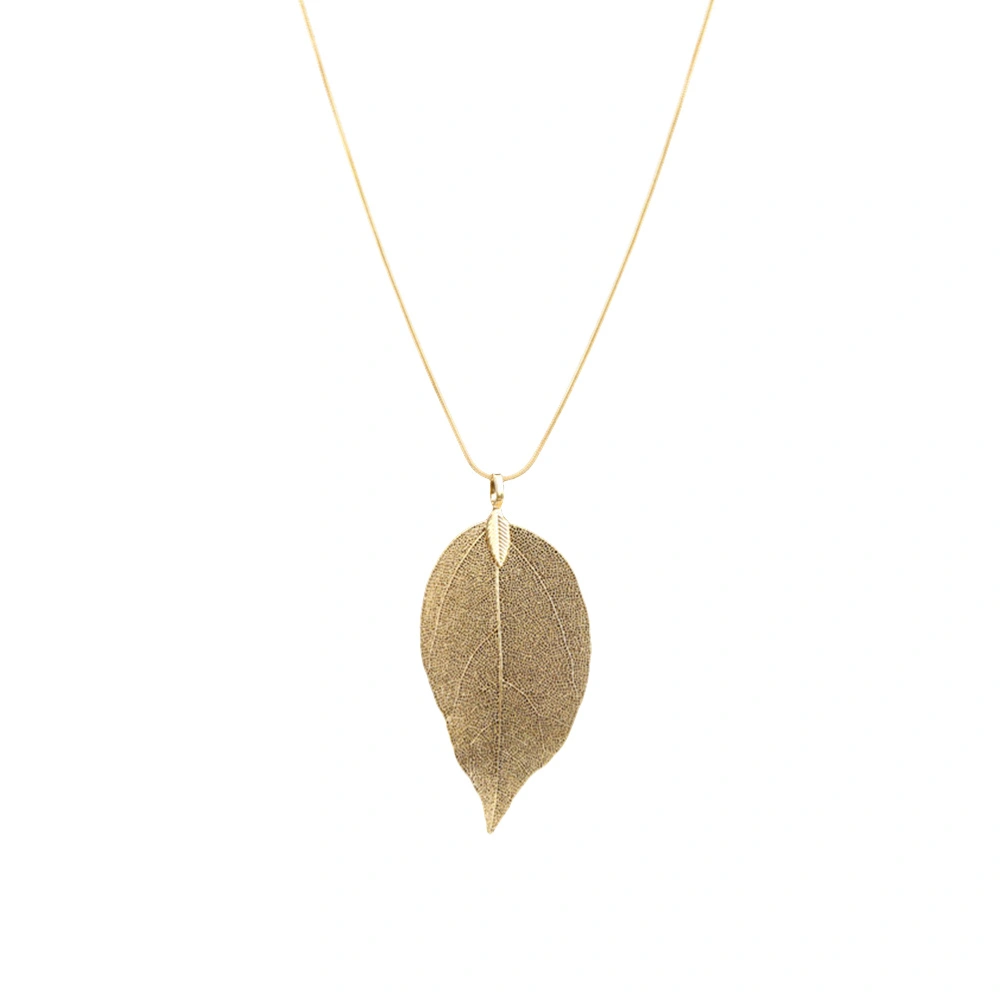 Natural Leaf Pendant Necklace Long Sweater Chain Bohemia Unique Statement Jewelry Gift for Women (Gold)