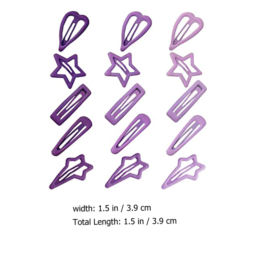 15pcs Snap Hair Clips Adorable Barrettes Hairpin Metal Barrettes Snap Clips (Five-pointed Star, Heart-shaped, Teardrop, Rectangle, Four-pointed Star)