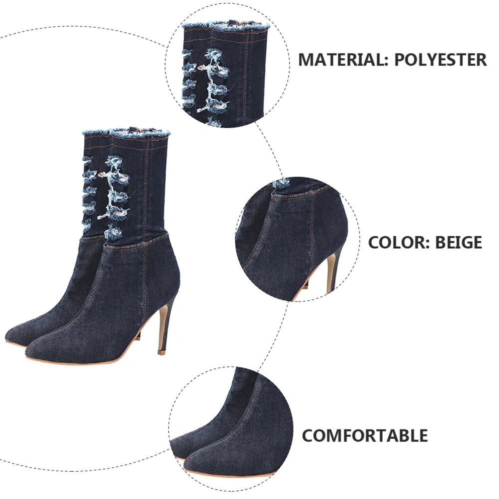 1Pair Elastic Thin Heels Boots Denim High-heeled Boots Autumn Winter Shoes