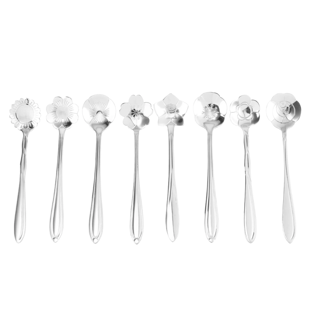 8PCS Stainless Steel Tableware Creative Flower-Shaped Spoon Set (Sakura+Sun Flower+Rose+Cosmos+Pansy+Plum Flower+Campanulaceae+Sunflower) - Silver