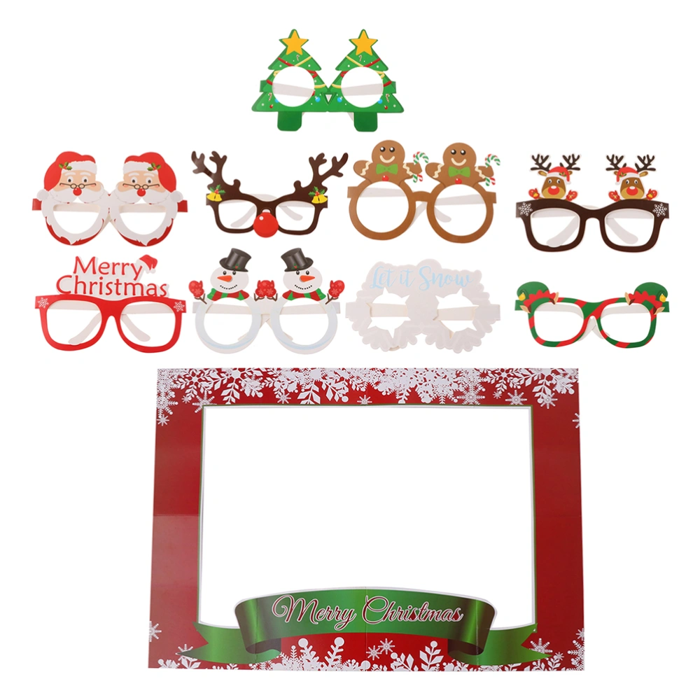 10pcs Christmas Photo Booth Prop Frame and Glasses Set Holiday Party Supplies