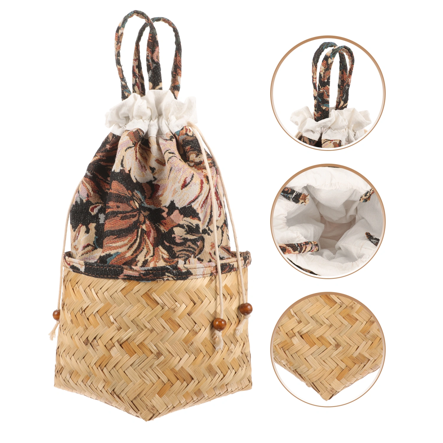 Reed Woven Storage Basket Decorative Picnic Basket Vintage Storage Basket with Drawstring