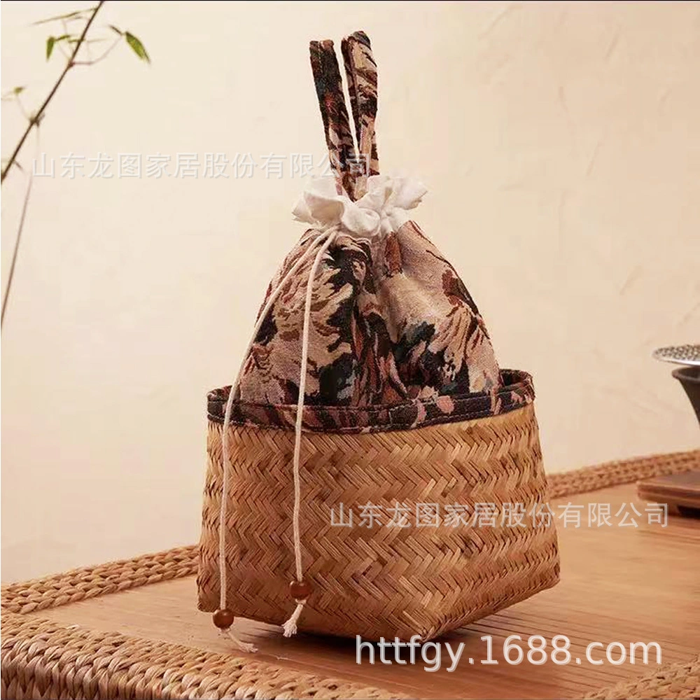 Reed Woven Storage Basket Decorative Picnic Basket Vintage Storage Basket with Drawstring