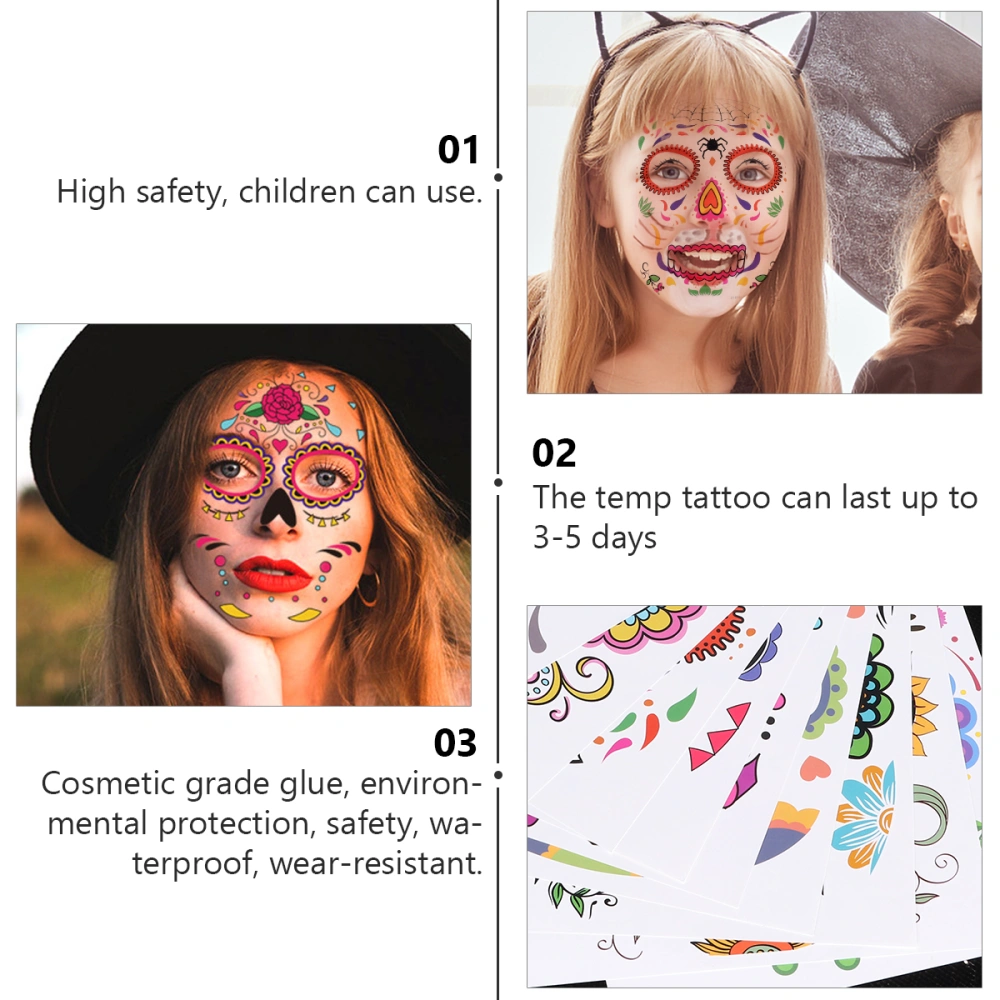 9 Sheets Skull Temporary Face Tattoos Face Stickers for Halloween Party