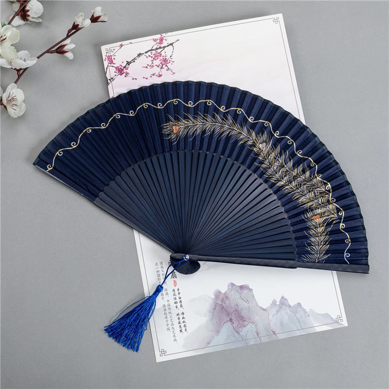 Retro Plume Style Fan Foldable Dance Fan with Tassel Chinese Style Fan Dance Party Fan Prop