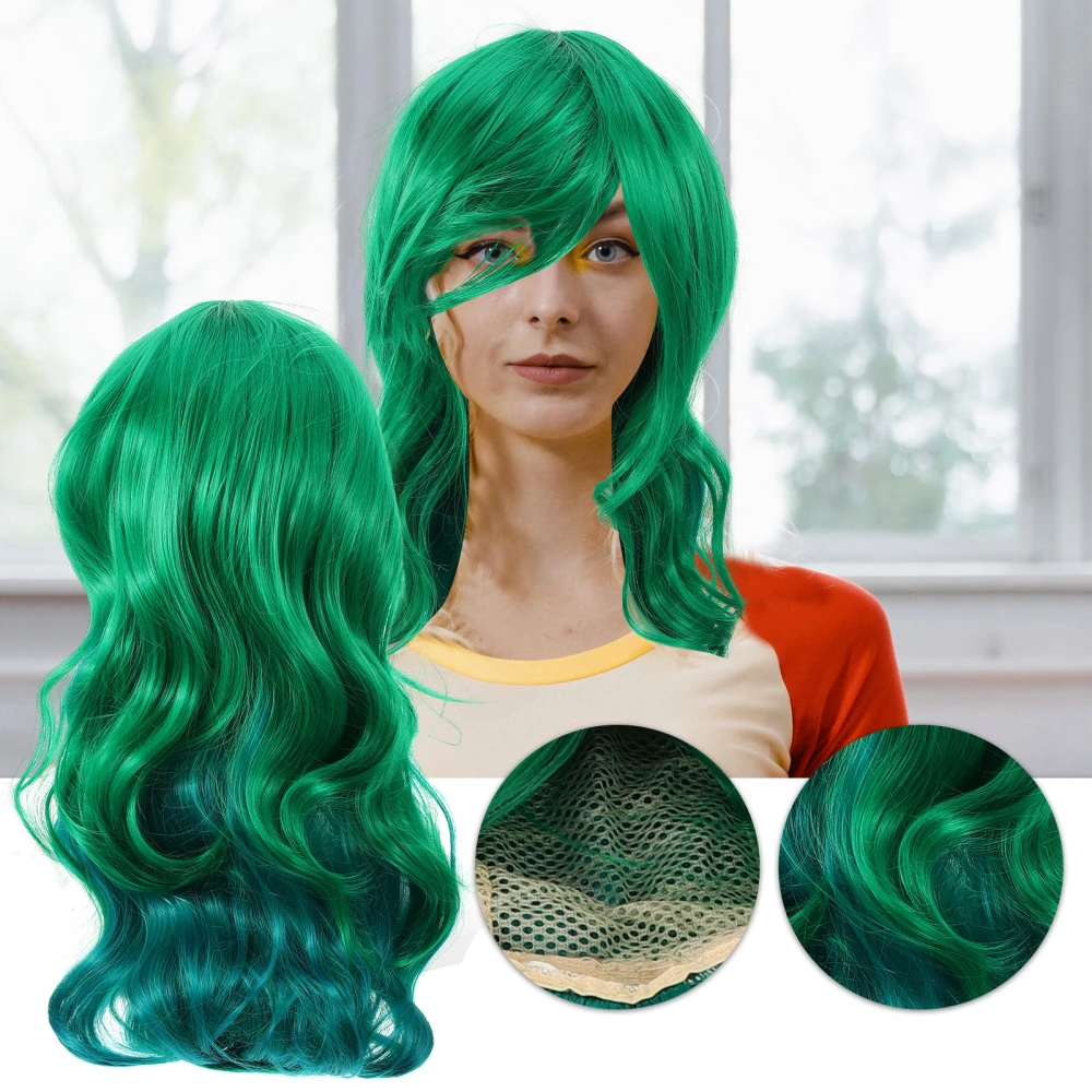 Women Long Curly Wig Cosplay Synthetic Fashion Hair Wig Headwear for Women Grils (Green)