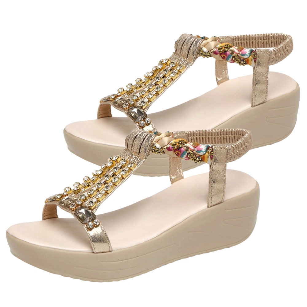 1 Pair Slipsole Sandal Mid-heel Beach Shoes Rhinestone Sandal Summer Shoes for Women Ladies Girls (Golden 38 24CM, 7US, 4.5UK, 38EU, 9.432 Inch)