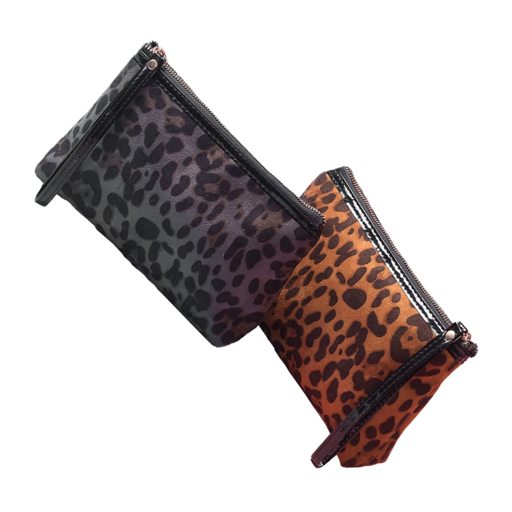 2pcs Large Capacity Cosmetic Bag Leopard Makeup Pouch Portable Travel Storage Bag (1pc Black Leopard, 1pc Yellow Leopard)