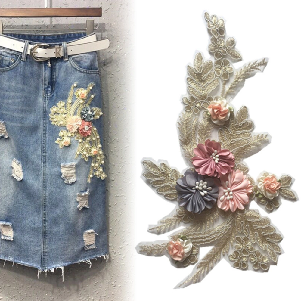 Bead Golden String Floral Three-dimensional Sewing Patches Colorful Fashionable Flower Shaped Handmade Patch Clothing Accessories Patch Appliques Jeans Skirt Matching Applique for Women Girl