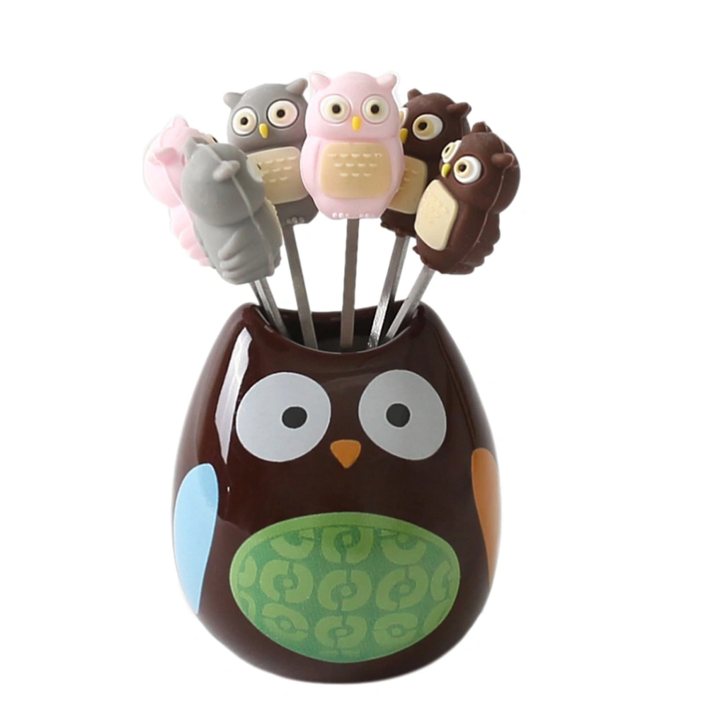 7pcs/pack Stainless Steel Animal Fruit Fork Cartoon Children Snack Cake Dessert Food Fruit Pick Home Party Decor with Ceramics Holder (Owl)