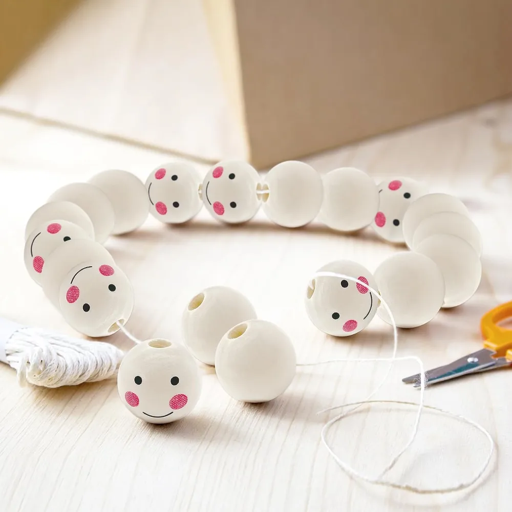 60Pcs Smile Face Beads DIY Wooden Beads Natural Wood Beads Smile Face Wood Loose Beads