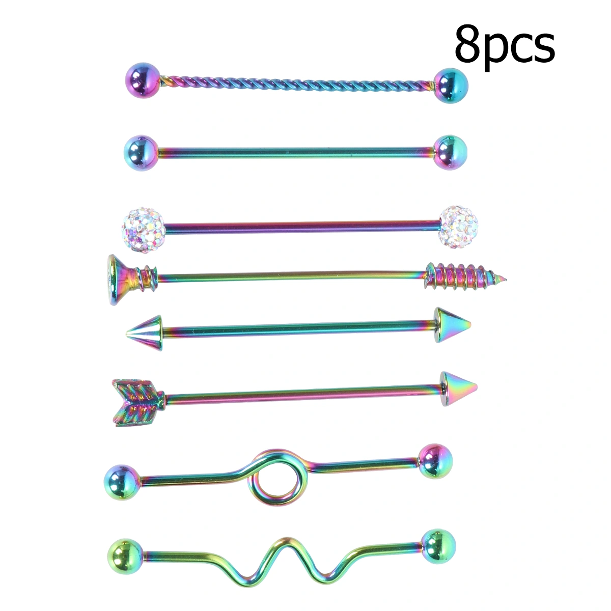 8Pcs Industrial Ear Studs Stainless Steel Arrows Screw Barbell Fashion Earring Piercing Jewelry for Woman Man (Colorful)