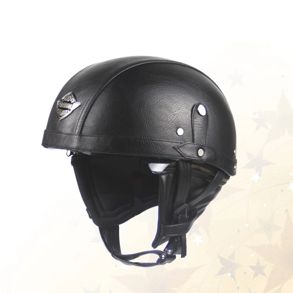 1PC Vintage Half Helmet PU Leather Outdoor Riding Safety Helmet for Motorcycle (Black)