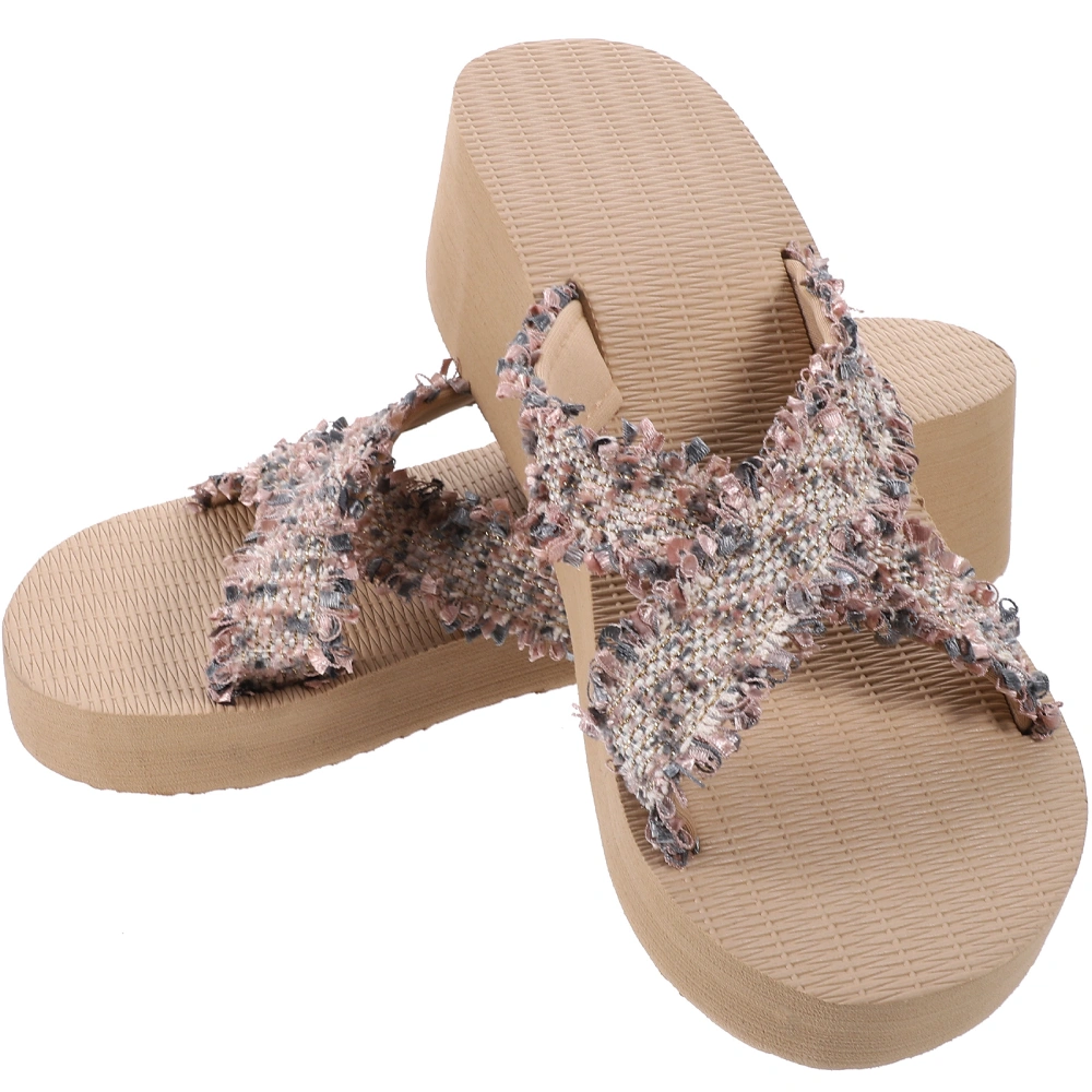 1 Pair of Imitation Straw Woven Slippers Fashion Women Beach Shoes (Beige)