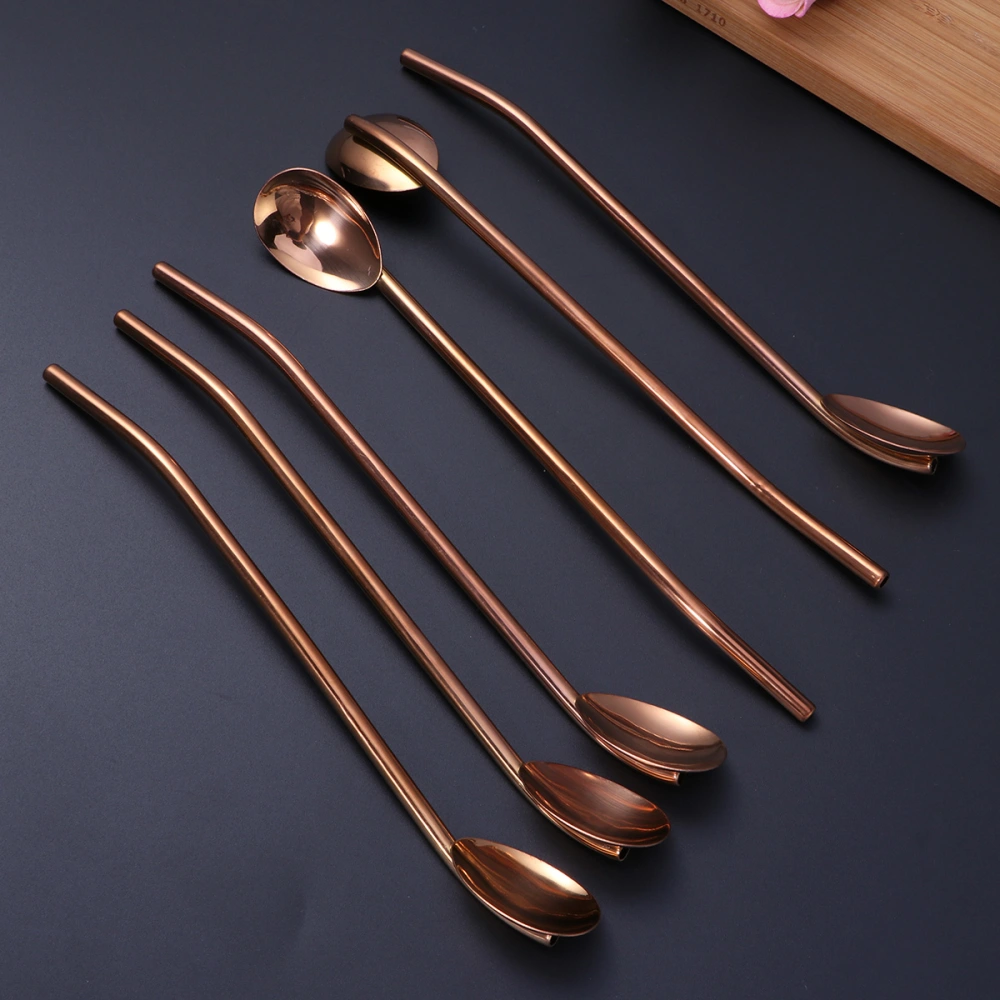 6 Pcs/Pack Stainless Steel Oval Shape Metal Drinking Spoon Straw Reusable Straws Cocktail Spoons Set(Rose Gold)