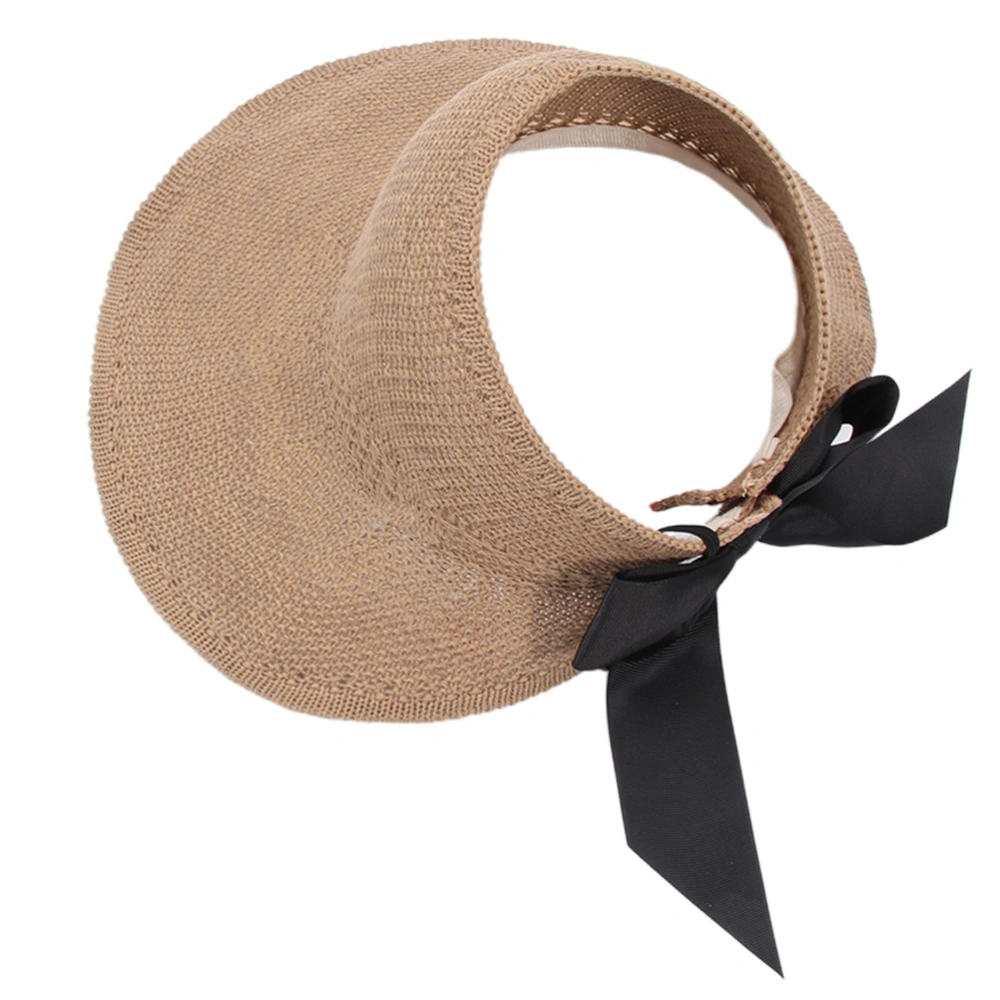 1PC Knitted Empty Hat Summer Sun Block Hat Portable Sun Block Wide Brim Hat Creative Bowknot Sunscreen Straw Hat for Beach Women (Khaki)