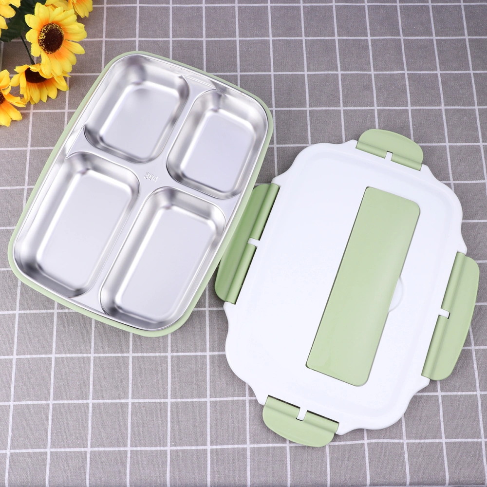 304 Stainless Steel Insulated Lunch Box 4 Grids Rectangular Lunch Container Single Layer for Student Adult（Transparent Green with Chopsticks Spoon）