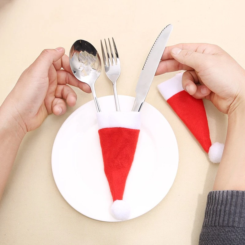 15pcs Mini Santa Hat Cup Bottle Cover Christmas Santa Hats Silverware Holders Xmas Cutlery Holder