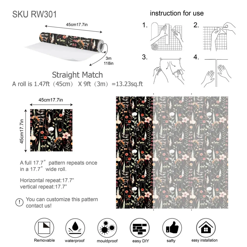 1 Roll of Floral Wallpaper Peel and Stick Wallpaper Decoration Self Adhesive Removable Wallpaper