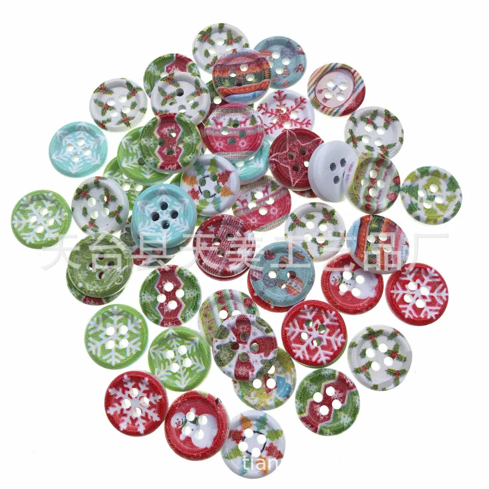 100pcs Xmas Wood Buttons DIY Clothing Buttons Painting Sewing Wood Buttons (Mixed Style)