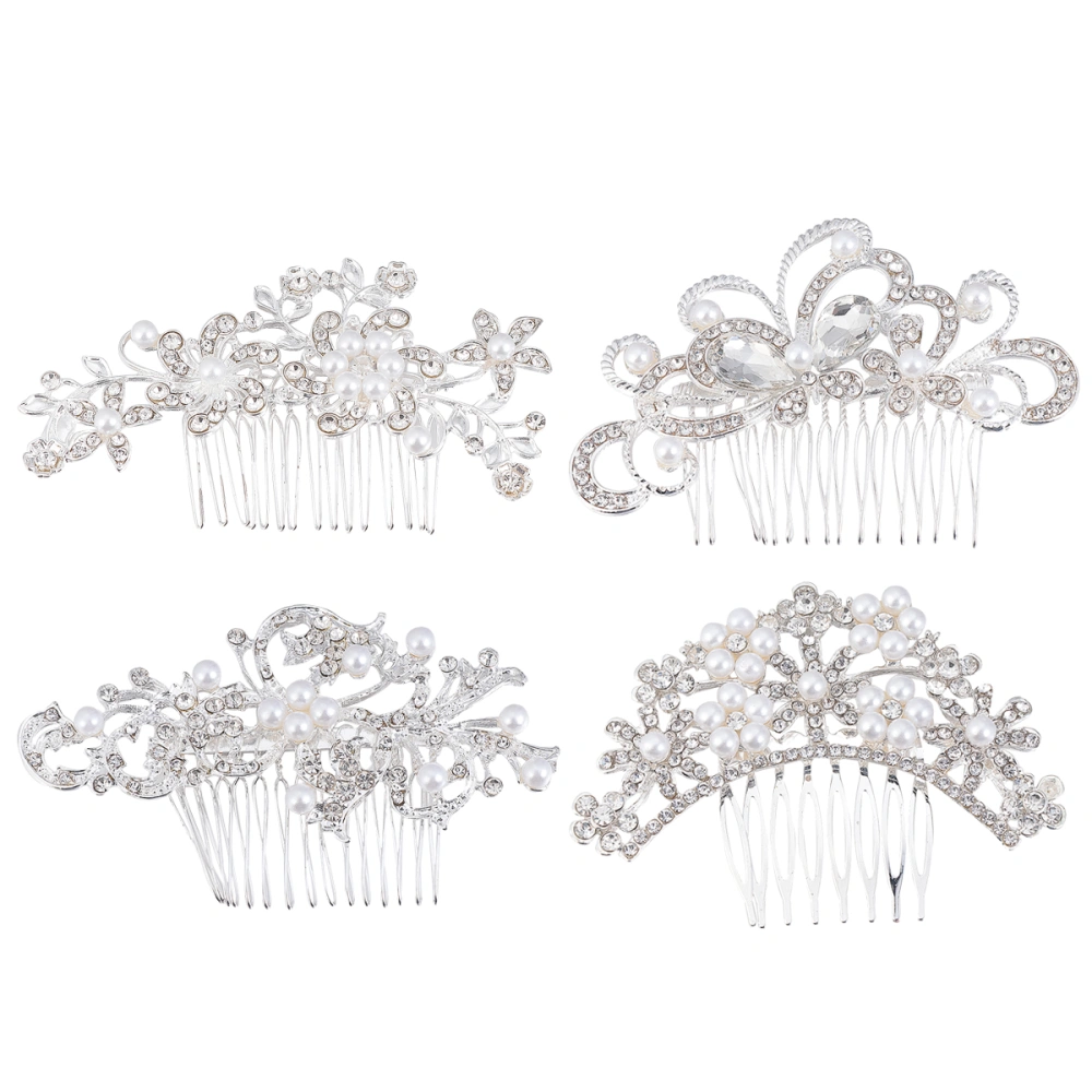 4pcs Rhinestone Hair Comb Fashion Banquet Headdress Pearl Diamond Hair Comb Beautiful Bridal Headwear Wedding Photo Prop (1pc in Each Pattern, Assorted Color)